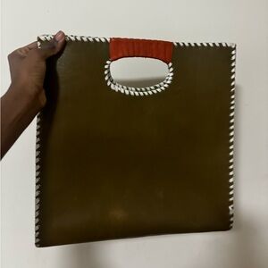 Olive Green Tote with Red Handle.